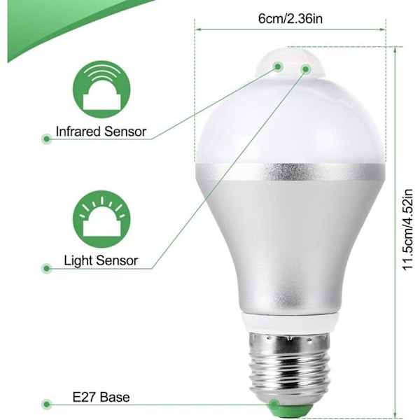LED-lampor E27 PIR-rörelsedetektor, 15W intelligent ljusgivare 5700K automatisk på/av, 2-pack