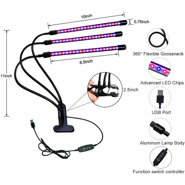 Växtlampa, 60 LED Fullspektrum Justerbar Hortikulturlampa Klämma-på Växtlampa med 3 Timer och Auto PÅ/AV Funktion