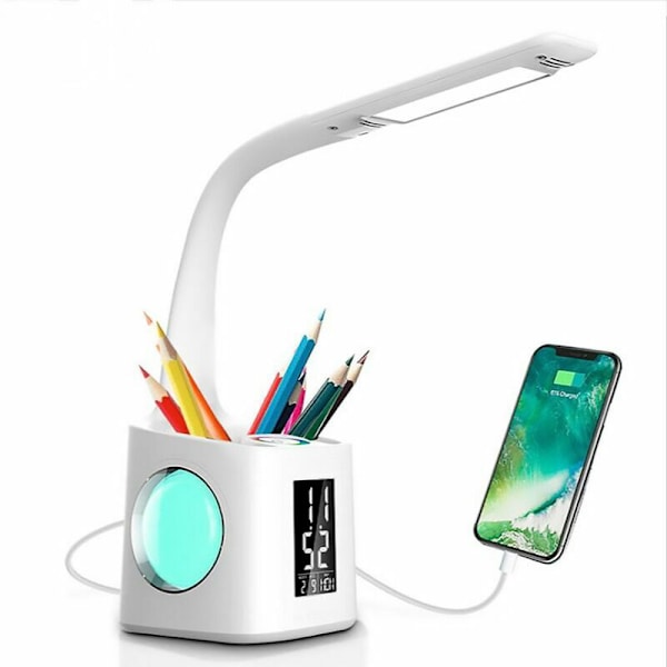 LED Skrivebordslampe med Penneholder/Tid/Kalender Display - USB Natteatmosfærisk Lys