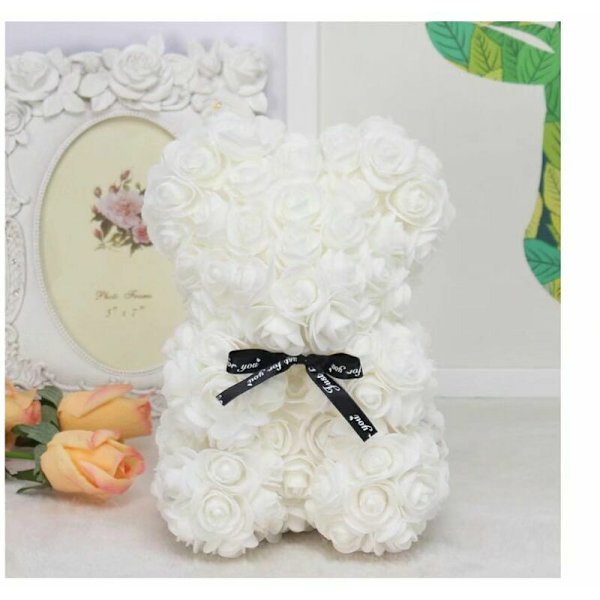 25CM Rose Flower Bear PE Foam Flower Eternal Flower Bear Valentinsdag Gave Rose Flower Stor Hvid Bjørn