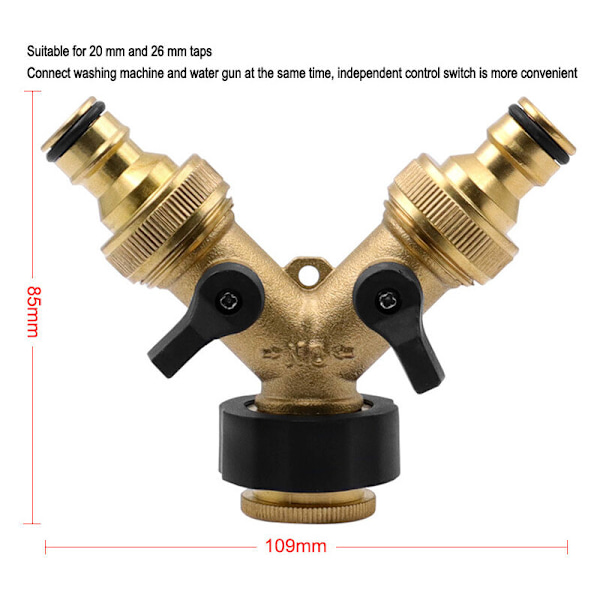 Veden tuloletkun Y-liitin (2-tie tuloletkulle, 26,9 mm (3/4\") messinki, Y-haaroitus), yhteensopiva puutarhaletkuliitinjärjestelmän kanssa 1/2 tuumaa
