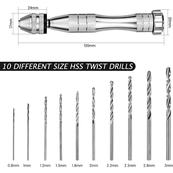 Mini Handborr med 10 Mikroborr 0,8mm-3,0mm Vridborr Mini Mikro Handborrverktyg för Modell Valnöt Amber Oliv Nötter