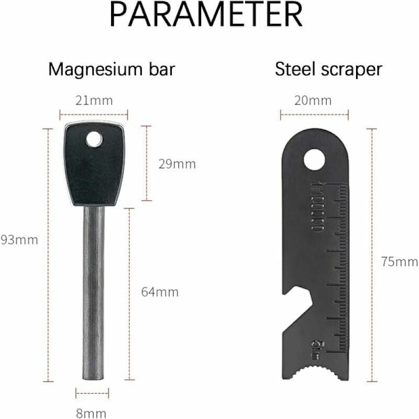Överlevnads Eldsten, Eldtändare med Skrapa, Vattentät, 10 000 Gnistor vid 3 000 Grader, 8 mm Stång, Magnesium Eldstål - Eldtändare, Halsband