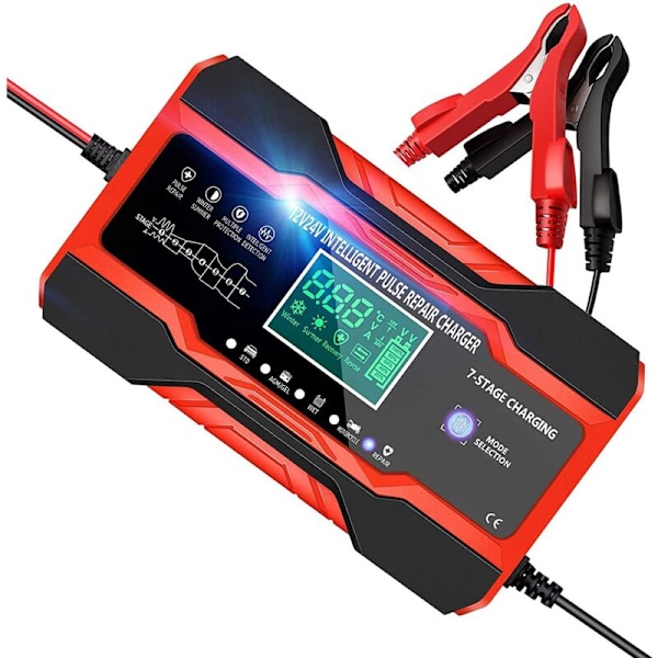 10 Amp Bilbatterioplader, Intelligent Fuldautomatisk 12V og 24V, Hold, EU-stik