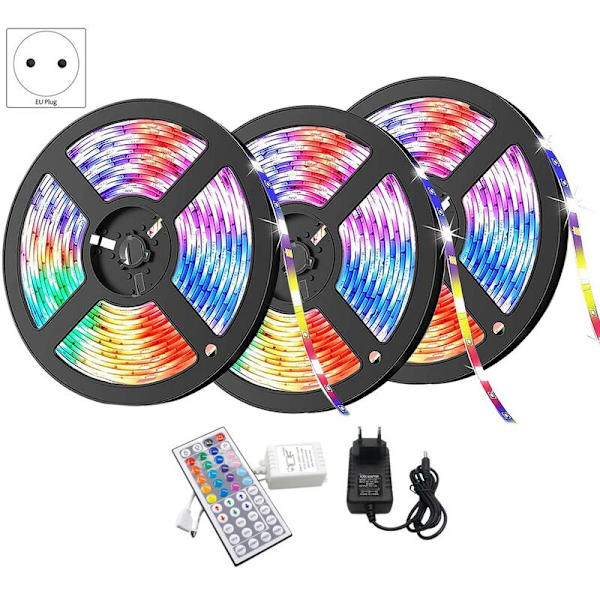 LED-striplys 15M Vanntett 3528 RGB Farge Lysstriper med 44 Tast Fjernkontroll for Soverom Julebelysning