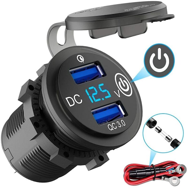 12V USB-pistorasia, lataa 3.0 kaksois-USB-autonlaturi virtakytkimellä ja jännitteenmittarilla 12V/24V autokuorma-autoon