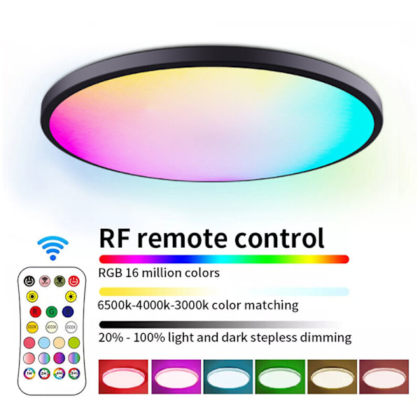 Sirkelformet LED Taklampe RGBCW 24W Intelligent Dimmbar Innendørs Belysning med RF Fjernkontroll Egnet for Soverom og Stue Svart