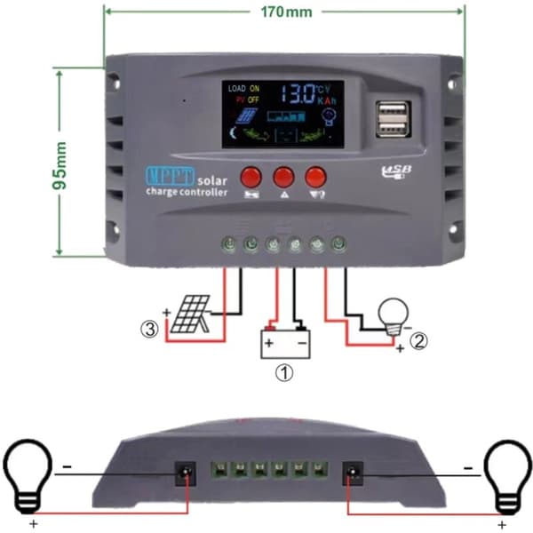 12V 24V MPPT Solcelle Laderegulator Intelligent Display Dual USB Spændingsstabilisering Controller Beskyttelse (20A)