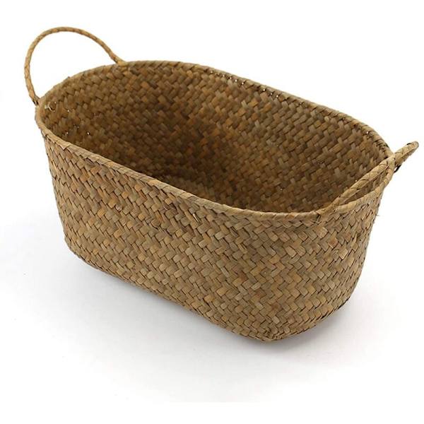 Handvävd förvaringskorg Halmbehållare för mat Rotting Makeup Organizer Träställ (S, 24X15X9Cm)