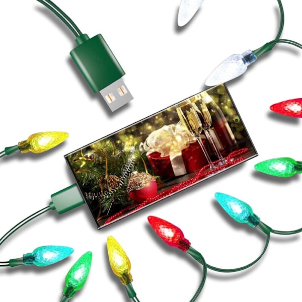 Flerfarvet LED Julelys Telefonoplader - 1,4M USB Opladningskabel 10 LED - Android Micro USB (Android, 1 Pakke)
