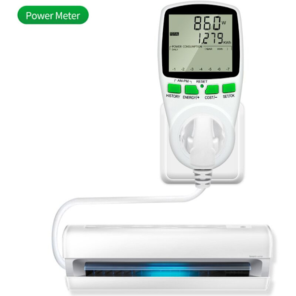 Wattmätare 230 V/16 A - Elförbrukningsmätare - Elförbrukningskostnadskontrolluttag - Energimätaruttag med stor LCD-skärm