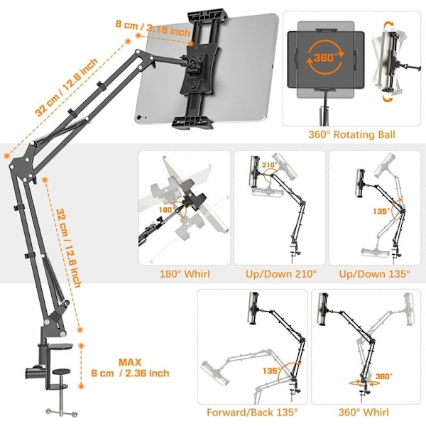 Tablettfeste for seng. 360° Svingbar Tablettfeste. med kraftige aluminiumsarmer. Passer for iPhone, iPad og andre elektroniske enheter med en skjerm på 4
