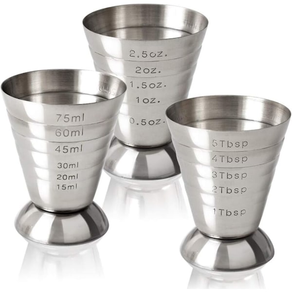Cocktail Jiggers i Rustfritt Stål, 2.5oz, 75ml, 5 Spiseskjeer, 2-pakning