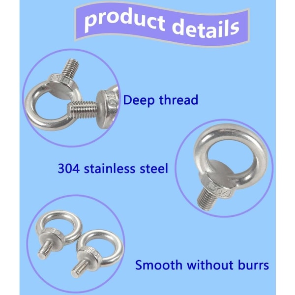 Løfteøye Bolt i rustfritt stål, hann-gjenge, løfteøye-bolter for DIY-konstruksjon, bygningsmaskinvare, dekk, marine, vektbolter M611-10PCS