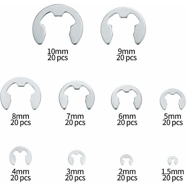 E-klämma ring 304 rostfritt stål externa circlips circlip sortiment 1,5/2/3/4/5/6/7/8/9/10 mm olika användningsområden 200 st