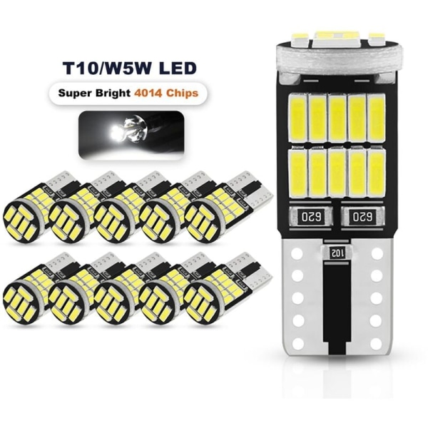 10 stk W5W T10 LED-pærer 4014 26SMD Bil Interiør Kuppel Taklampe Skiltlys Signallampe Bakboks Pærer 12V Hvit Lys