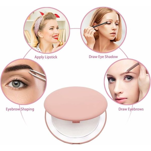 Kompakt makeup-spejl med 1/x10 forstørrelse og LED-belysning til håndtaske - foldbar - Pink