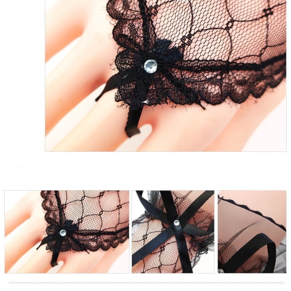 Nya korta svarta handskar spets Brudbröllop Lolita kläder Mesh rosett ärmar