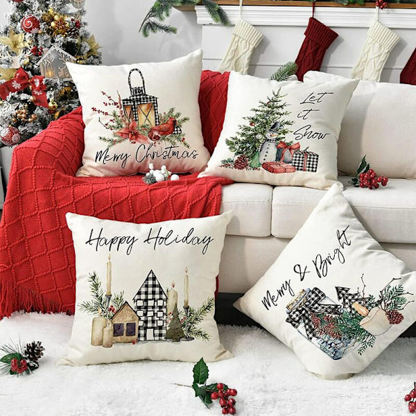 Jul kuddfodral 18X18 Set om 4, Rutig snögubbe träd kudde dekoration för soffa säng