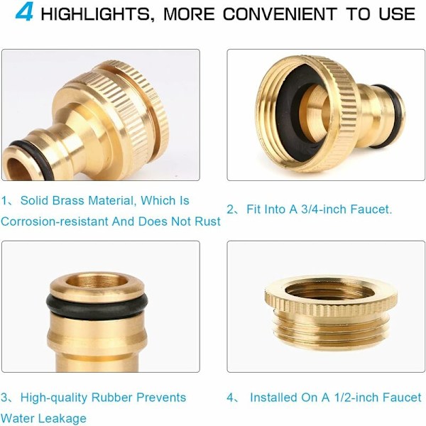 2-delt Havehane-Kobberhane-Stikforbindelse, 2-i-1 Hane-Adapterbeslag, 1/2 Tomme og 3/4 Tomme Hun til Slot Adapter, 20 mm til 25 mm, til Havehane
