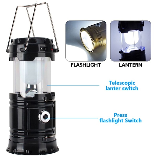 LED Teleskopisk Lampa Multifunktionell Bärbar Lykta Utomhus Camping Nödlampa COB Belysning Svart