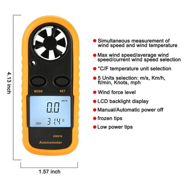 Mini digital vindmätare vindhastighetsmätare med skyddande skal för att mäta vindhastighetstemperatur och max/min/ström, mini vindmätare för Sai