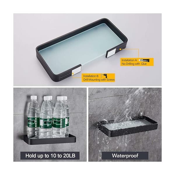 Badeværelseshylde i hærdet glas, ingen boring, rektangulær brusehylde, sort (26 cm)
