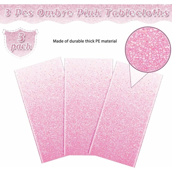 3-pack engångsrosa gradient plastdukar för fester, engångs glitter ljusrosa dukar för rektangulära bord, ljusrosa 54 x 108 tum