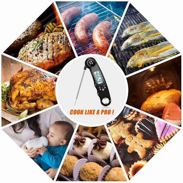 Kökstermometer, 3s Instant Avläsning Kocktermometer, Kötttermometer, Med LCD-Bakgrundsbelyst Skärm, Vikbar Sond för Matlagning, Kött, Grill, Ste