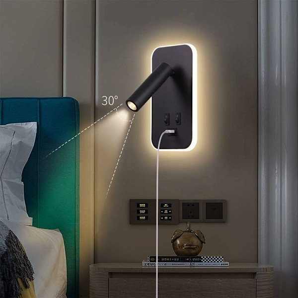 LED Vägglampa, Sängbord Läslampa med Strömbrytare, USB Laddningsport, Sovrum Stämningsbelysning Justerbar Spotlight (3W 3000K + 9W Varmvitt) Svart [E