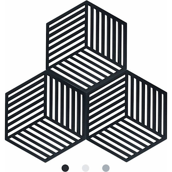 Set med 3 Silikon Skyddande Köksgrytunderlägg (Svart, Hexagon Raya: 160x138x8mm)