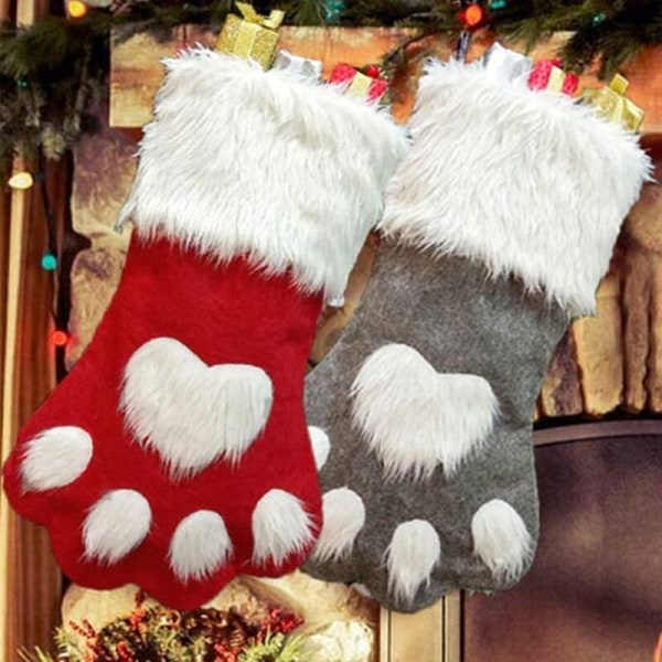 Julstrumpor för hundar, plyschhängande strumpor för semester- och juldekorationer (stora / 18 tum, 2-pack / grå + röd)