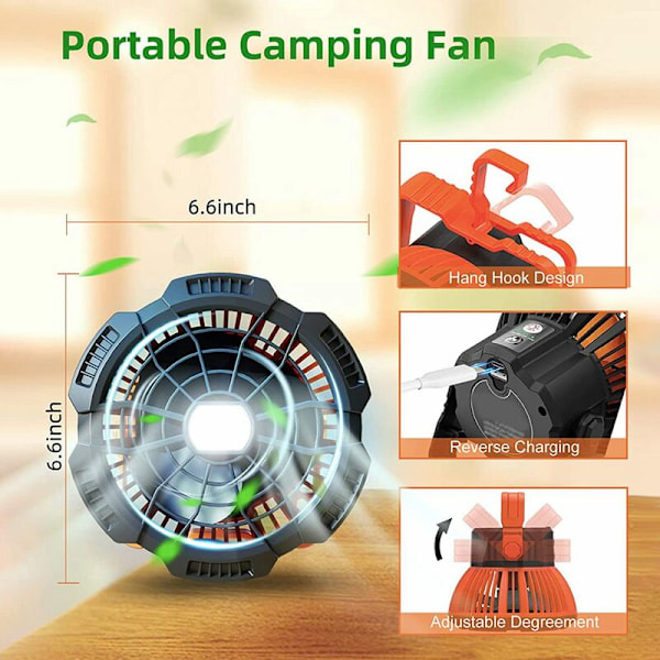 Camping Fan med LED-Lanterne, 25 Timer Batteridrevet Bærbar Fan med Hængekrog, Genopladelig Udendørs Fan