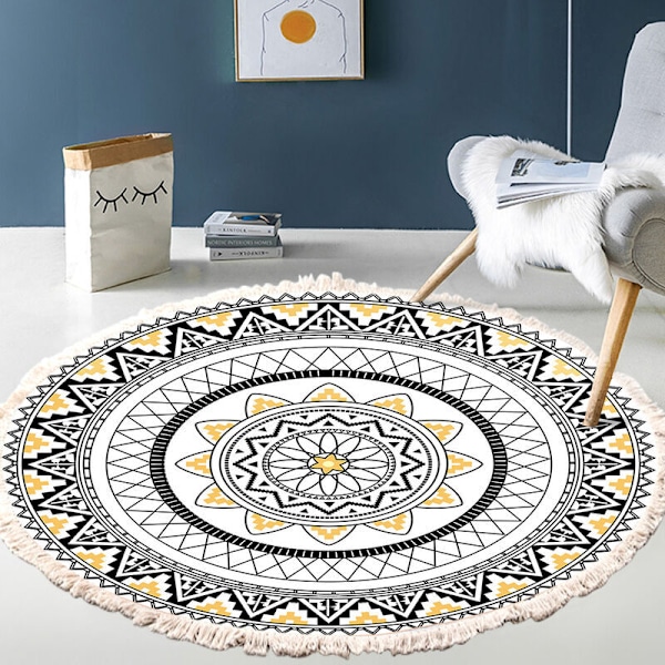 Tiamu Mandala Vintage Boheme Stil Bomulds Stue Tæppe, Rundt Soveværelse Tæppe med Pomponer, Maskinvaskbar, Etnisk Mønster Bademåtte til Udendørs B