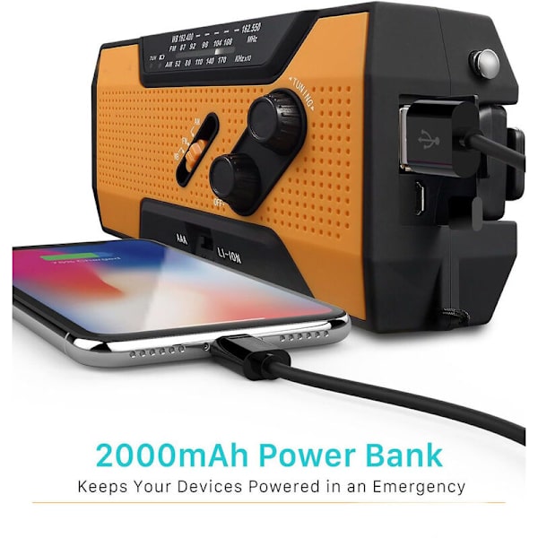 Bærbar Nødradio med 2000mAh Batteri, Oppladbart Batteri via Solcellepanel, Sveiv, Batterier eller USB AM/FM, LED-lommelykt, SOS-lader