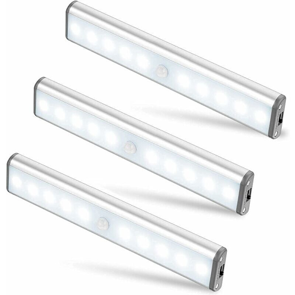 Sæt med 3 10 LED-lamper, trådløse, USB-genopladelige, magnetiske, bevægelsessensor, 2 lystilstande, bærbare. Skabbelys, bærbar nødbelysning,