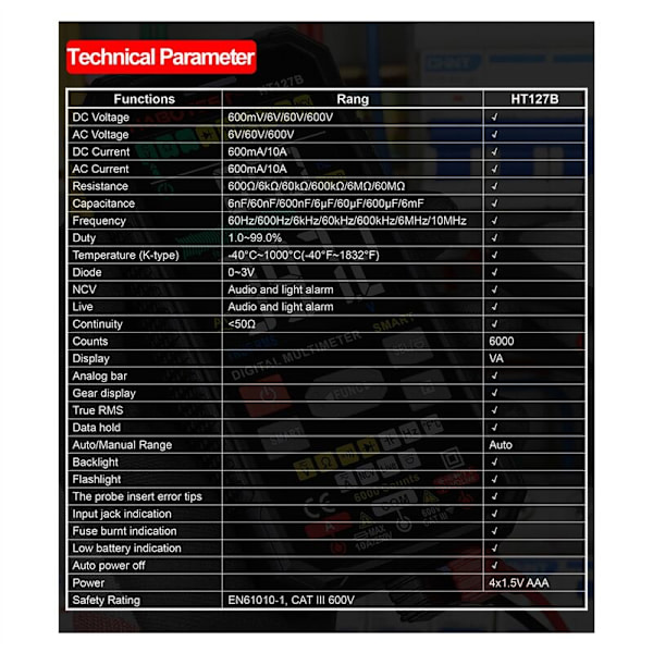 HT127B Digital Multimeter 6000 Counts Universal Meter Auto Range True RMS Mini Multifunctional NCV Tester