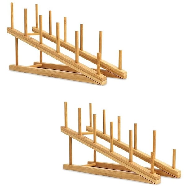 2 st Dish Rack i trä, Bambu Tallrikshållare Grytlockshållare, Diskställ Köksorganiserare för Disk Tallrik