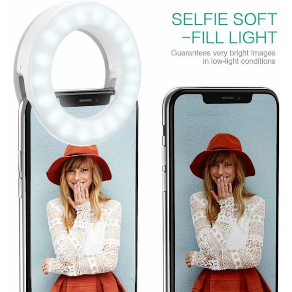 Selfie-rengasvalo, [2 kpl] Kiinnitettävä täyttövalo [3 väritilaa], USB-ladattava 200 mAh kameravalo, Spotlight-salama lisävalo meikille