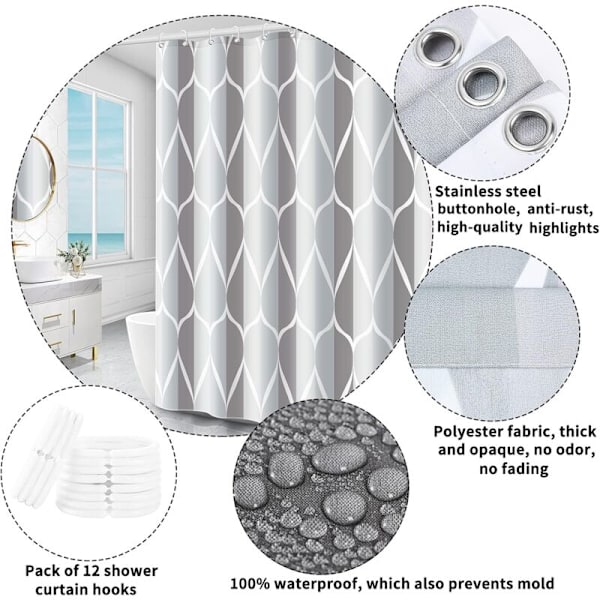 Bruseforhæng, vaskbart, antibakterielt, fugtbestandigt, vandtæt, i polyester med 12 ringe (grå, B 220 x H 200 cm)
