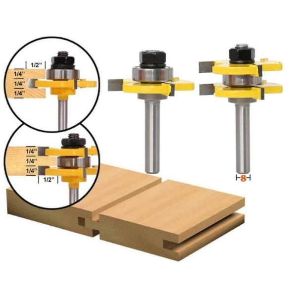 Spor og notfresesett 3 tenner 8mm skaft T-formet fres for trebearbeiding