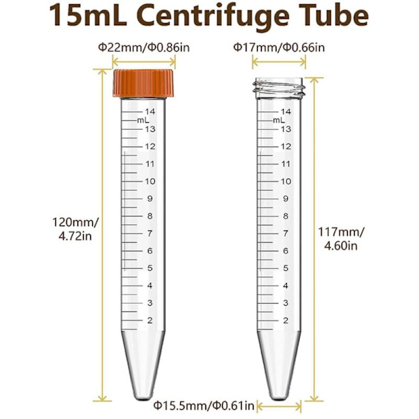15 ml koniska centrifugrör, 50-pack sterila med läckagesäkra skruvlock, svarta graderingar