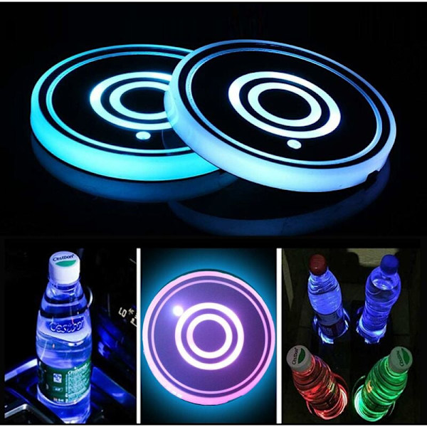 2-pak LED koppholder, LED-bilbrikke med 7 farger lysende koppunderlag, USB-ladekoppmatte for kopptilbehør, interiørdekor, lys