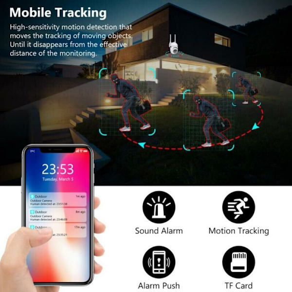Utomhus IP-övervakningskamera WiFi 2.4 + 5G HD 1080P Zoom x4 Människo-spårning Färg Nattsyn..
