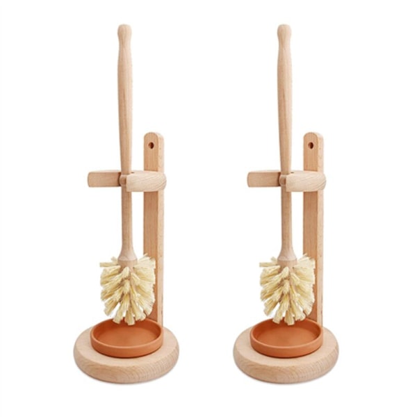 2X Wooden Toilet Brush and Holder Set, Wooden Bathroom Bowl Cleaner, Scrubber with