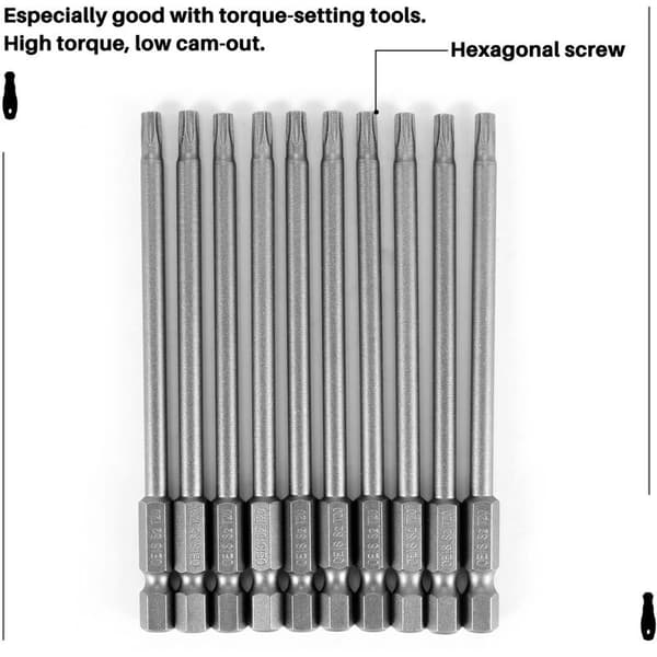 10 st Torx T20 Hex Shank Säkerhetsskruvmejsel Bits, Längd 100mm, Silvergrå