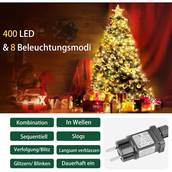 Juletrærlys, 2M 16 Grener 400 LED Juletrærlys med 8 Moduser og Timer, Vanntette Juletrærlys for Juletrærdekorasjon