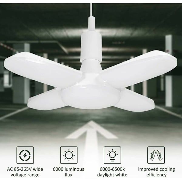 LED Garage Lys - 60W E26/E27 6500K 6000LM, Værkstedslampe, Deformerbar, 4 Justerbare Paneler, LED Loftlys til Garage, Lager, Værksted, Kælder