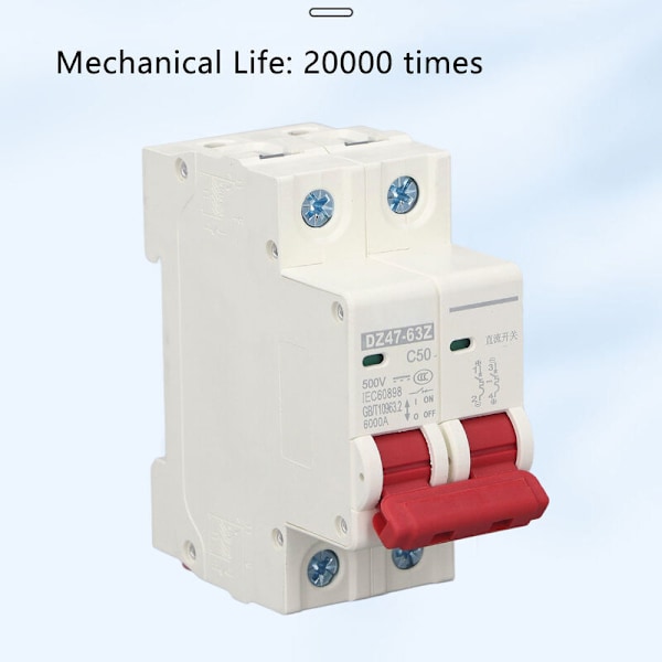 DC Mini-afbryder, DC 500V 50A 2P Isolator til solcelleanlæg, Termomagnetisk udløsning, DIN-skinnemonteret beskyttelsesafbryder, DC-afbryder