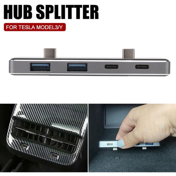5V/3A Bil USB-forlengelse 4-porters laderadapter Splitter Hub Interiør for Model 3 Y 2021